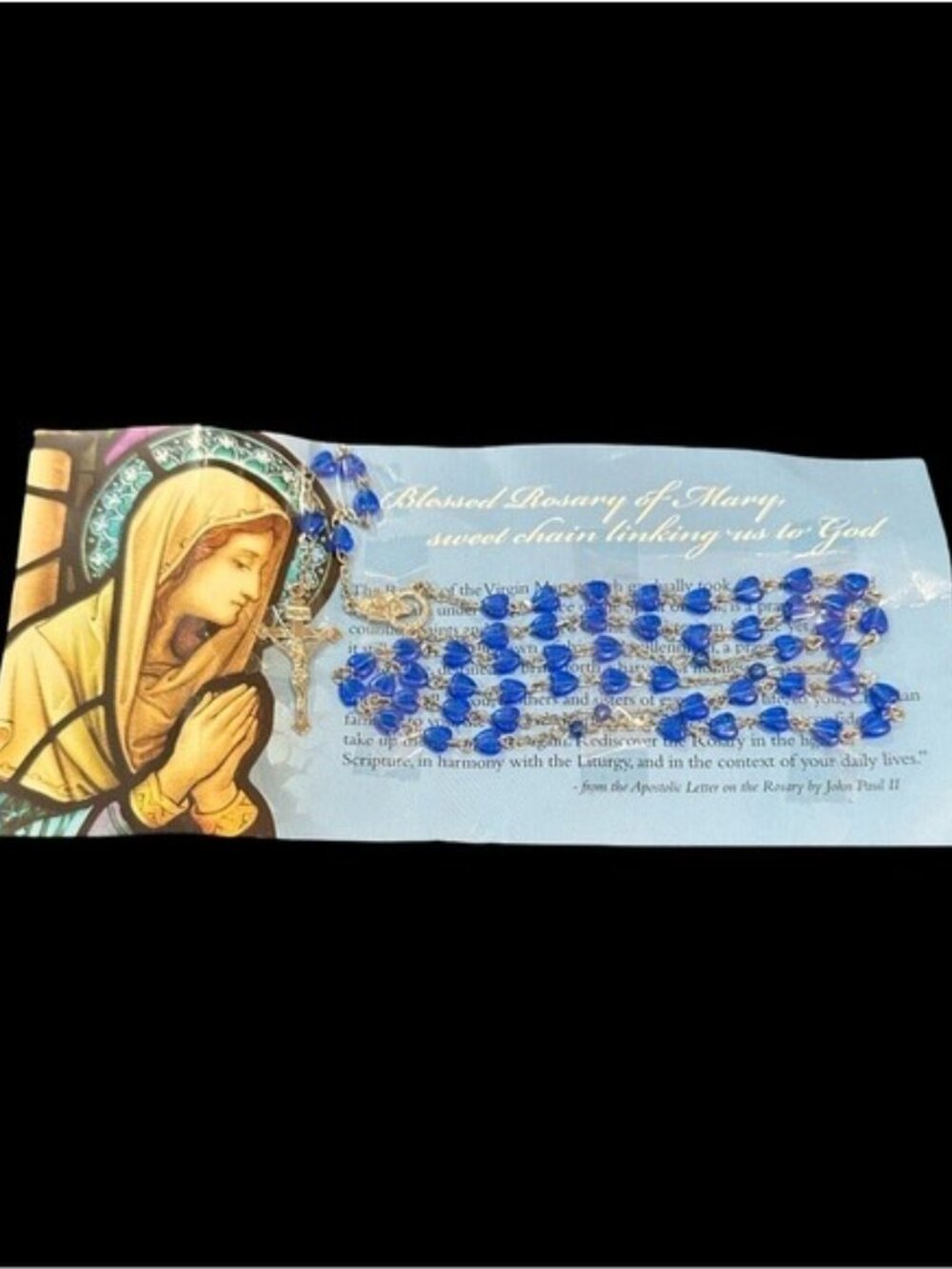 Blessed Rosary Of Mary With Blue Beads & Prayer Card For Devotion